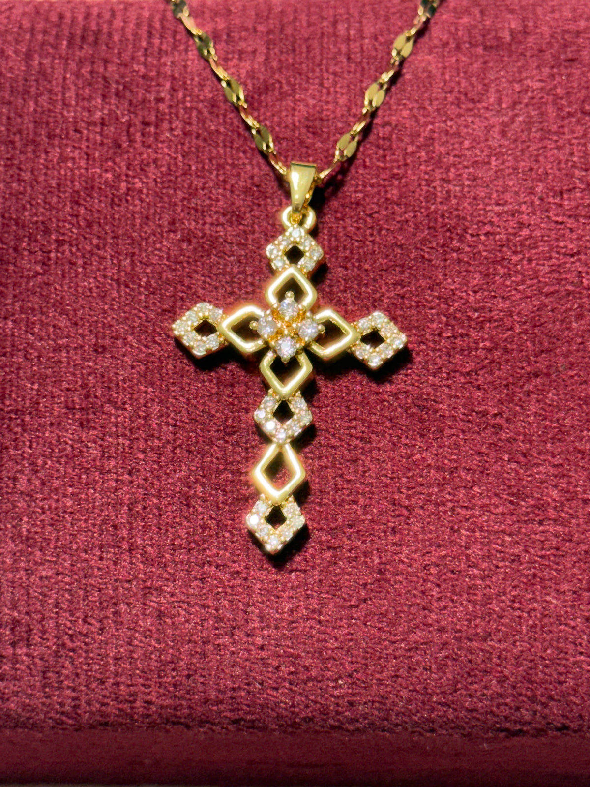 Stainless Steel Gold Geometric Crystal Cross Necklace – 18" Adjustable