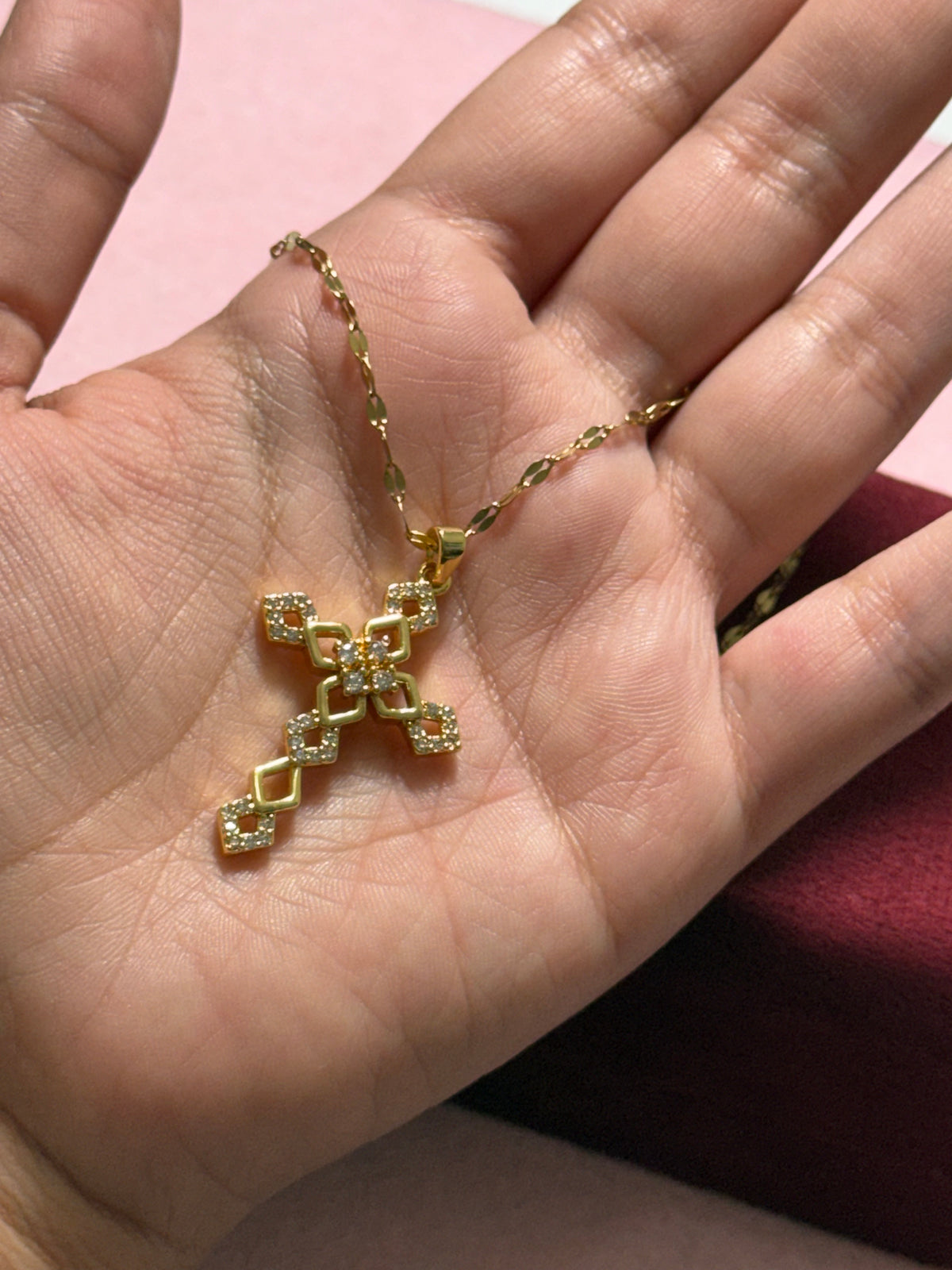 Stainless Steel Gold Geometric Crystal Cross Necklace – 18" Adjustable