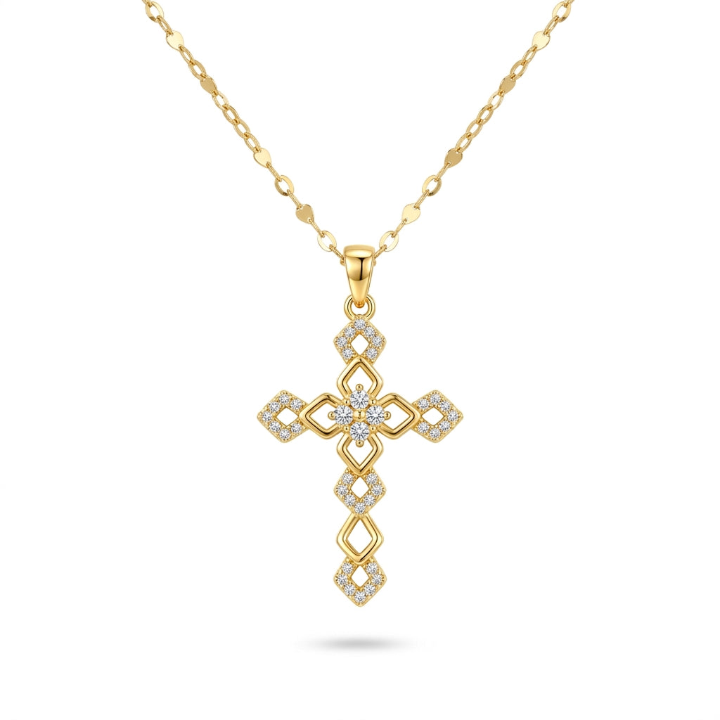 Stainless Steel Gold Geometric Crystal Cross Necklace – 18" Adjustable