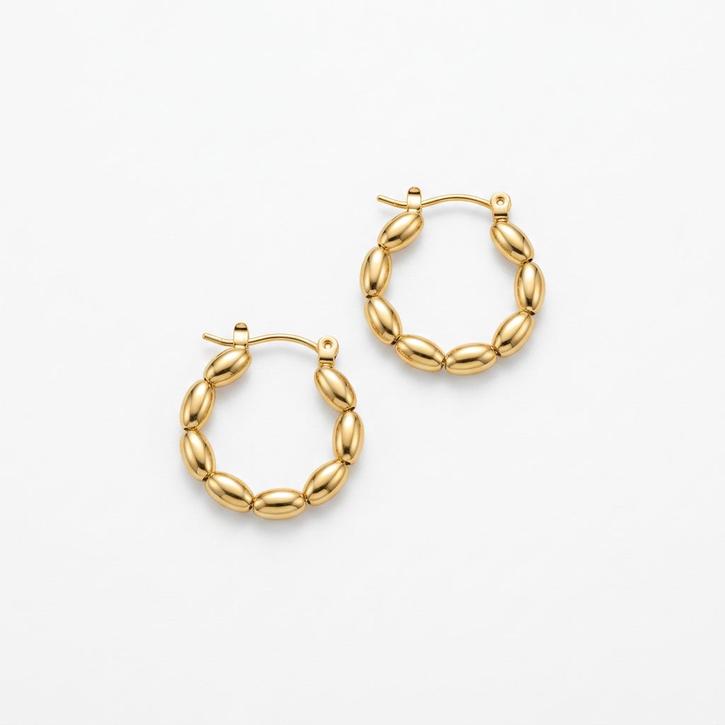Stainless Steel Gold Round Beaded Medium Hoop Earrings