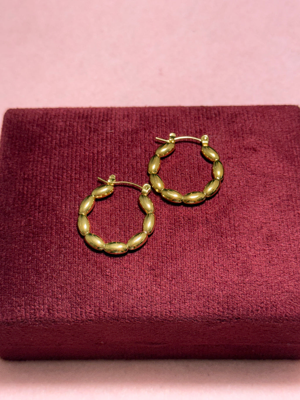 Stainless Steel Gold Round Beaded Medium Hoop Earrings