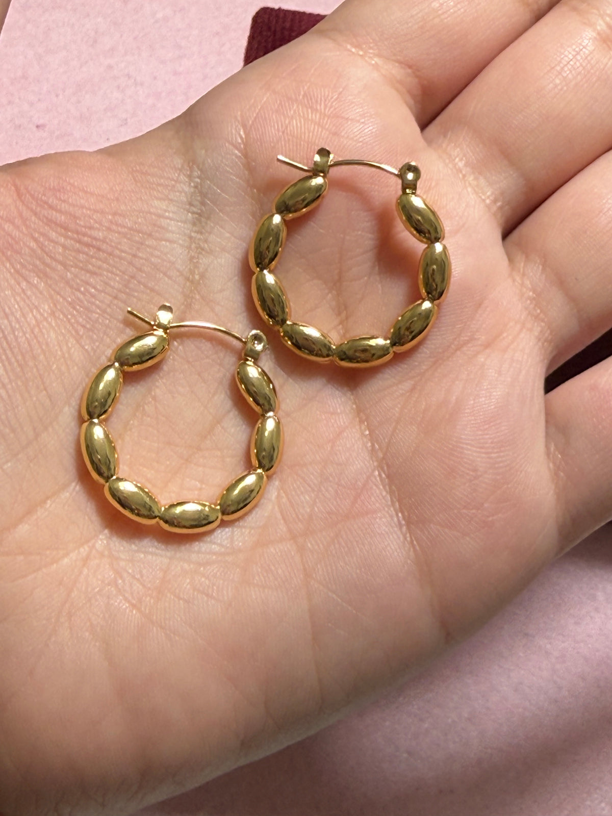 Stainless Steel Gold Round Beaded Medium Hoop Earrings