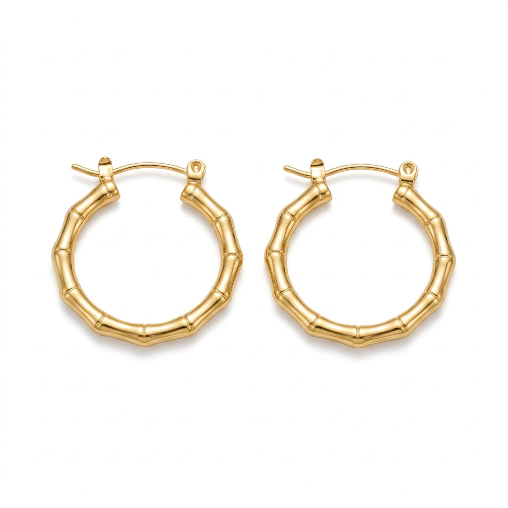 Stainless Steel Gold Bamboo Medium Hoop Earrings
