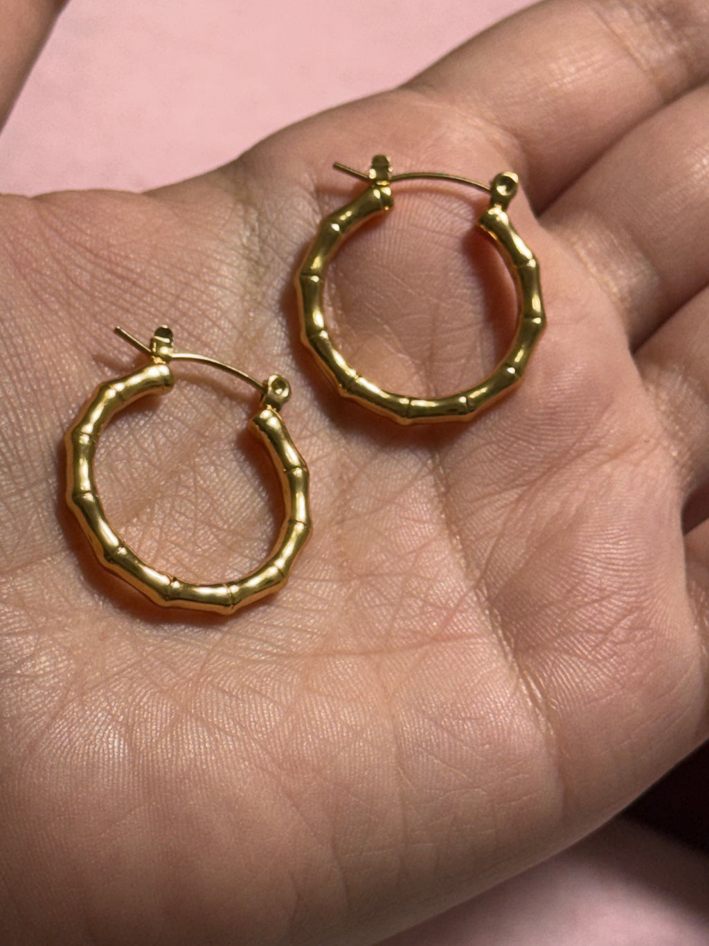 Stainless Steel Gold Bamboo Medium Hoop Earrings