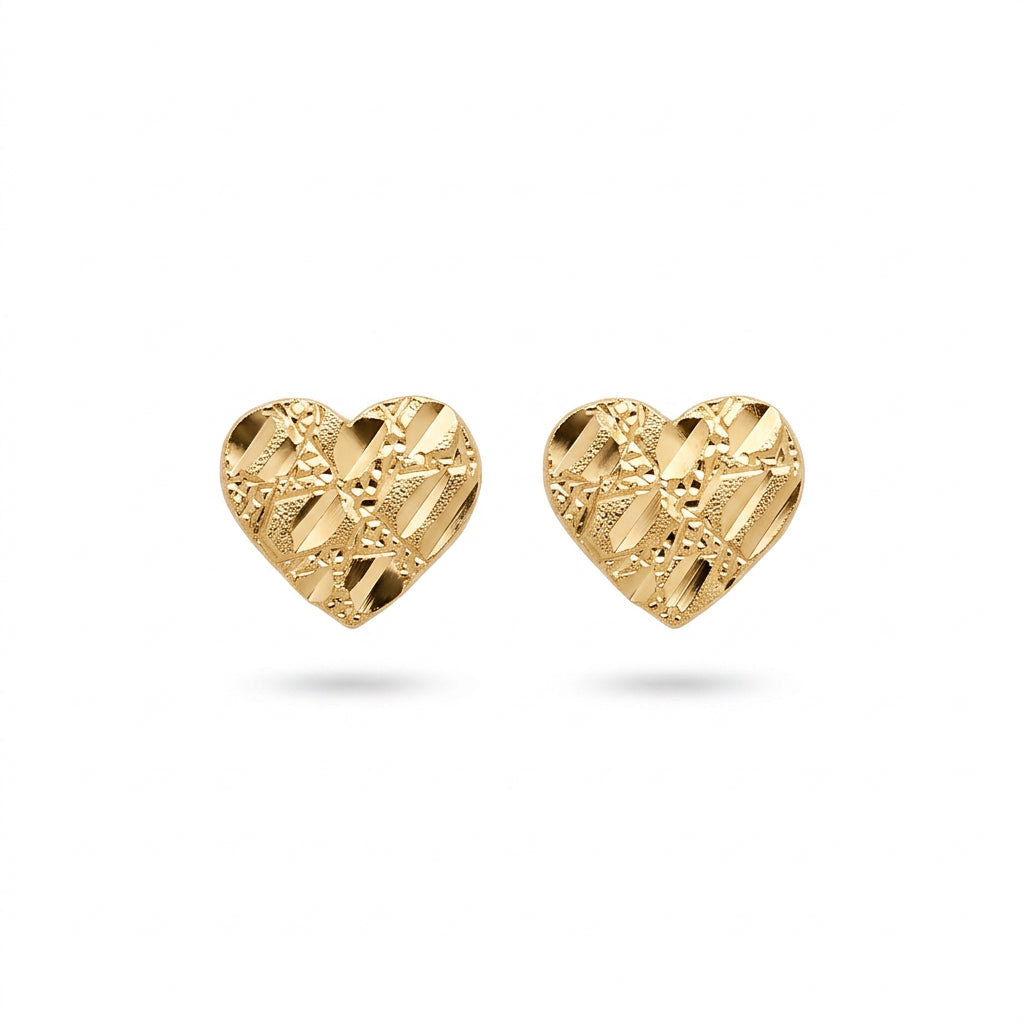 10K Yellow Gold Diamond-Cut Textured Heart Stud Earrings – Medium