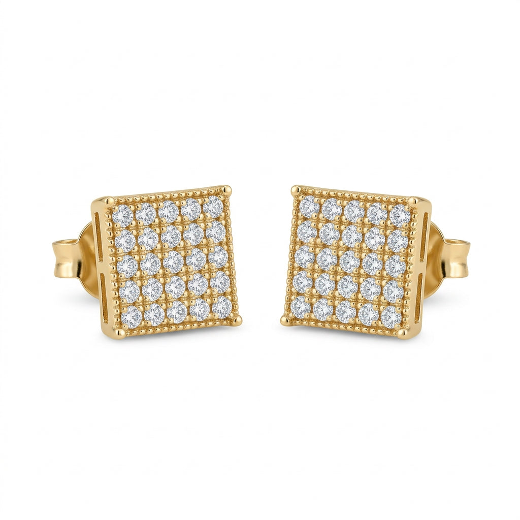 10K Yellow Gold Square Pavé CZ Stud Earrings