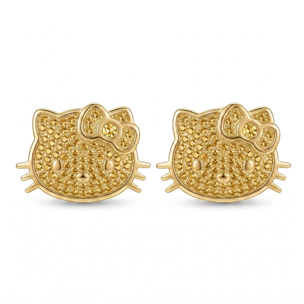 10K Yellow Gold Hello Kitty Diamond-Cut Nugget Stud Earrings