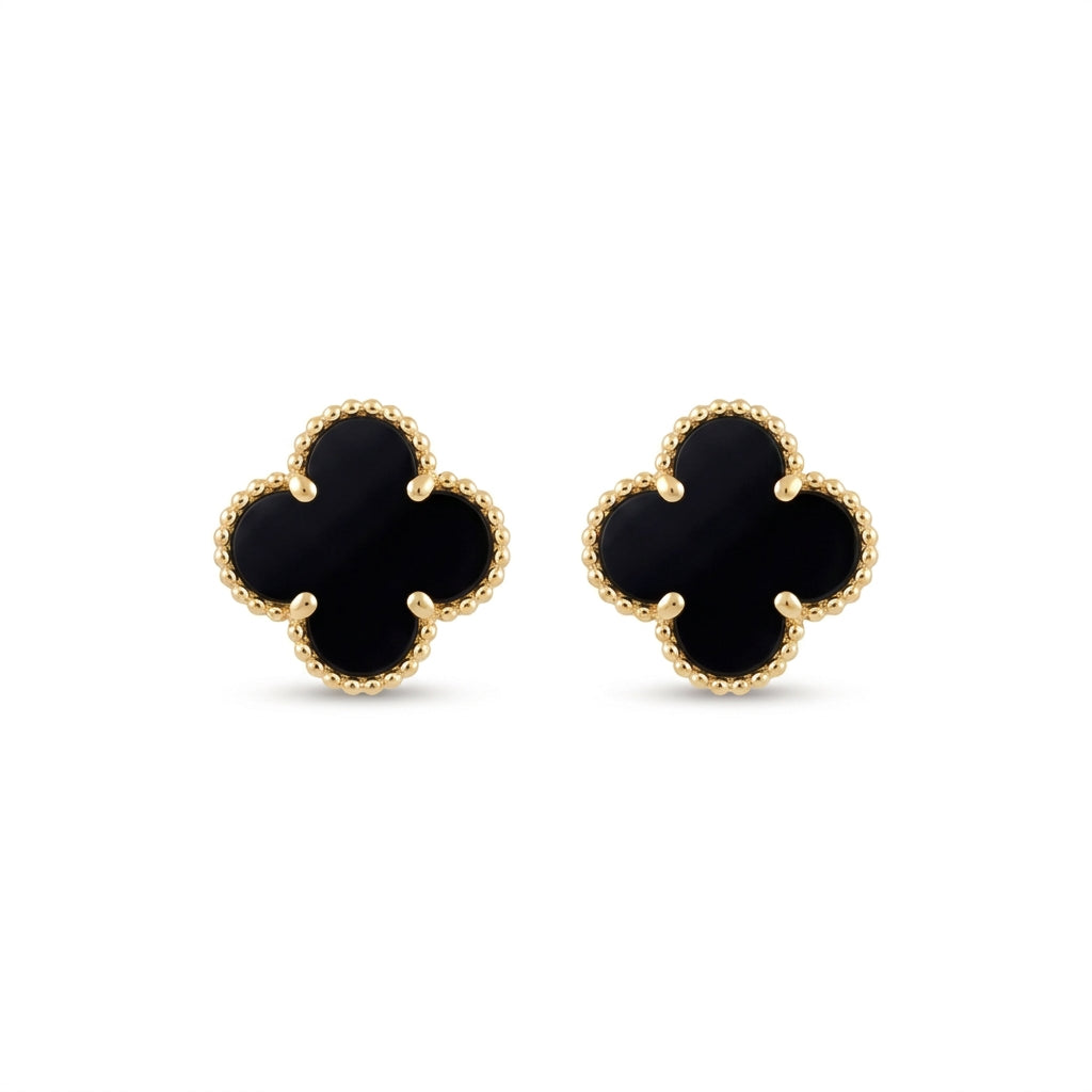 14K Yellow Gold Black Four-Leaf Clover Stud Earrings - Large