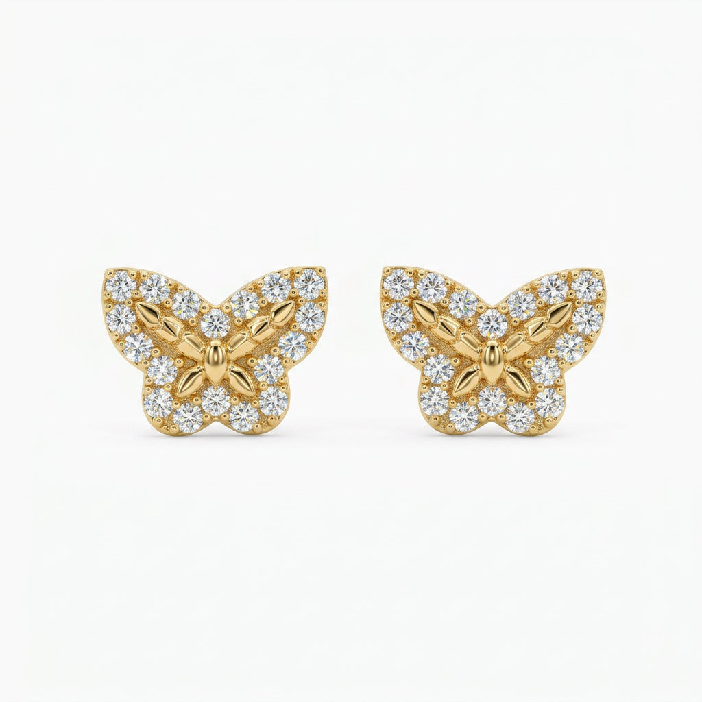 10K Yellow Gold Diamond-Cut Butterfly Stud Earrings with CZ Accents