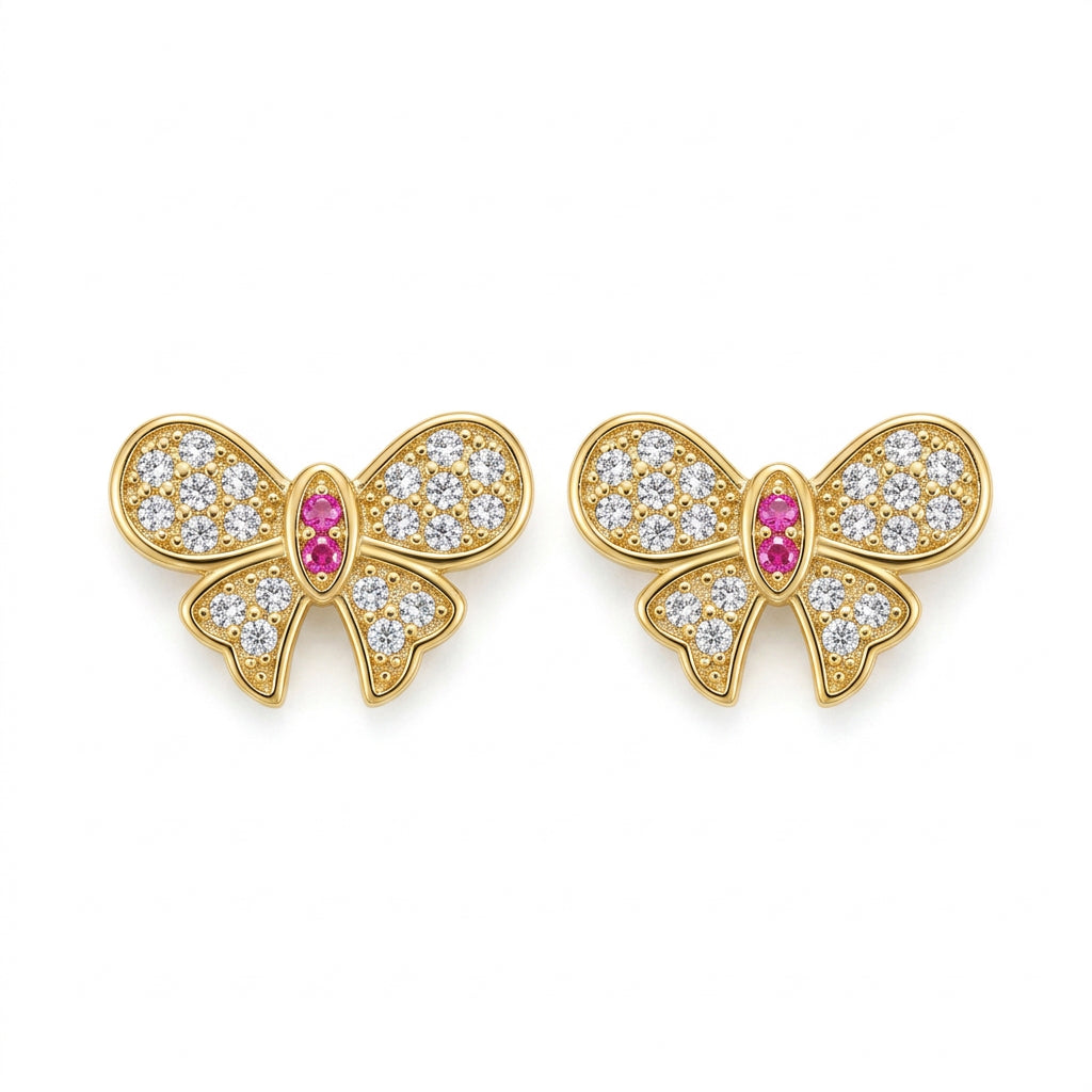 10K Yellow Gold CZ Butterfly Stud Earrings – Pink Accent