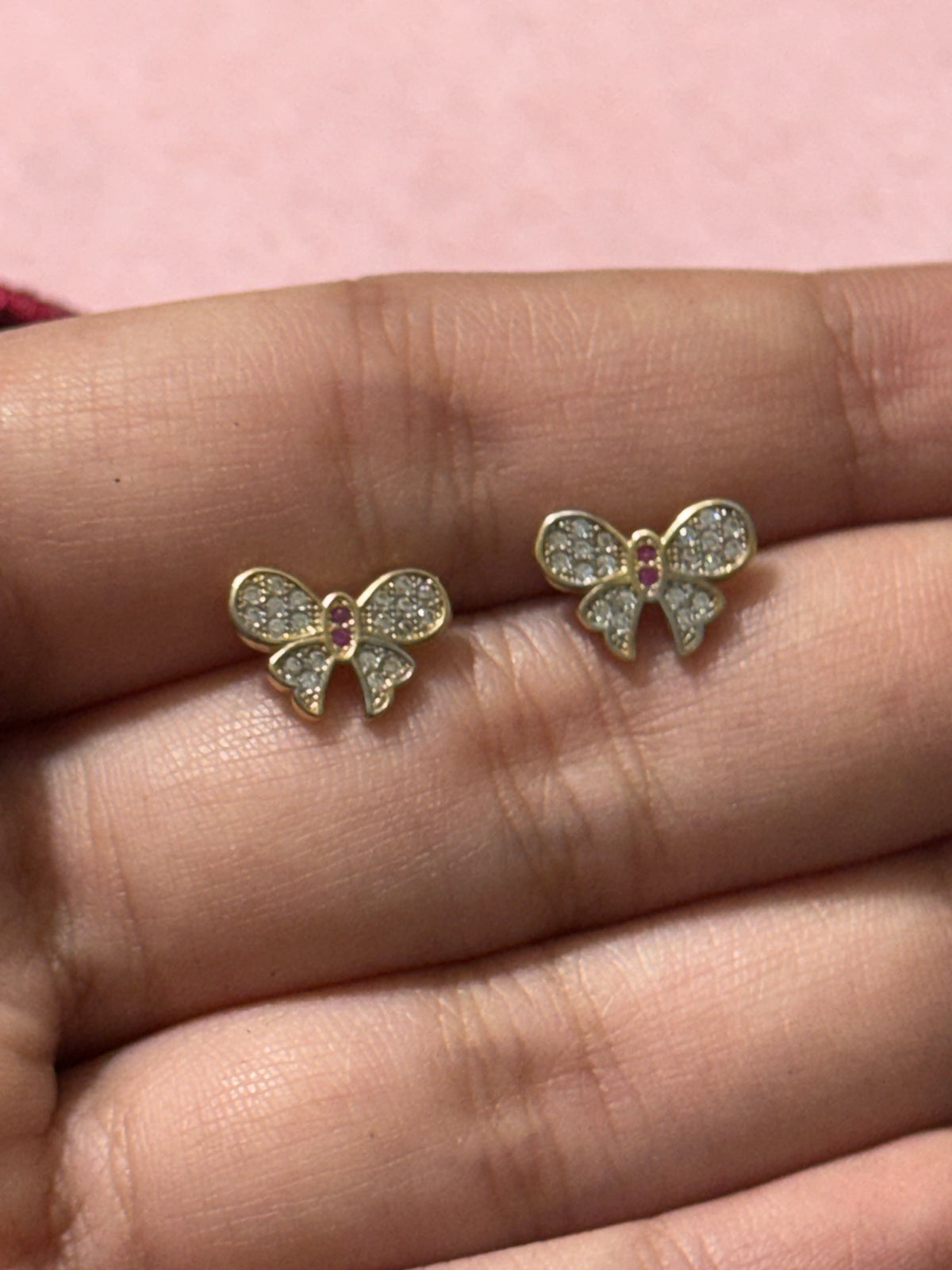 10K Yellow Gold CZ Butterfly Stud Earrings – Pink Accent
