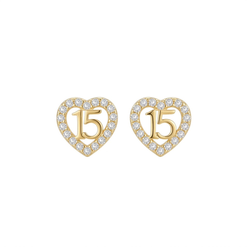 14K Yellow Gold Quinceañera 15 Heart Stud Earrings – Baby & Adult Screw Backs