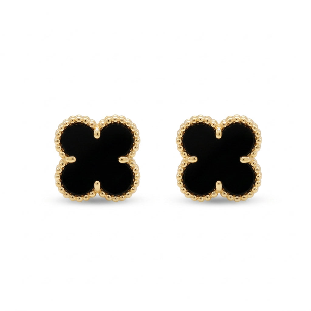 14K Yellow Gold Black Four-Leaf Clover Stud Earrings – Baby & Adult Screw Backs