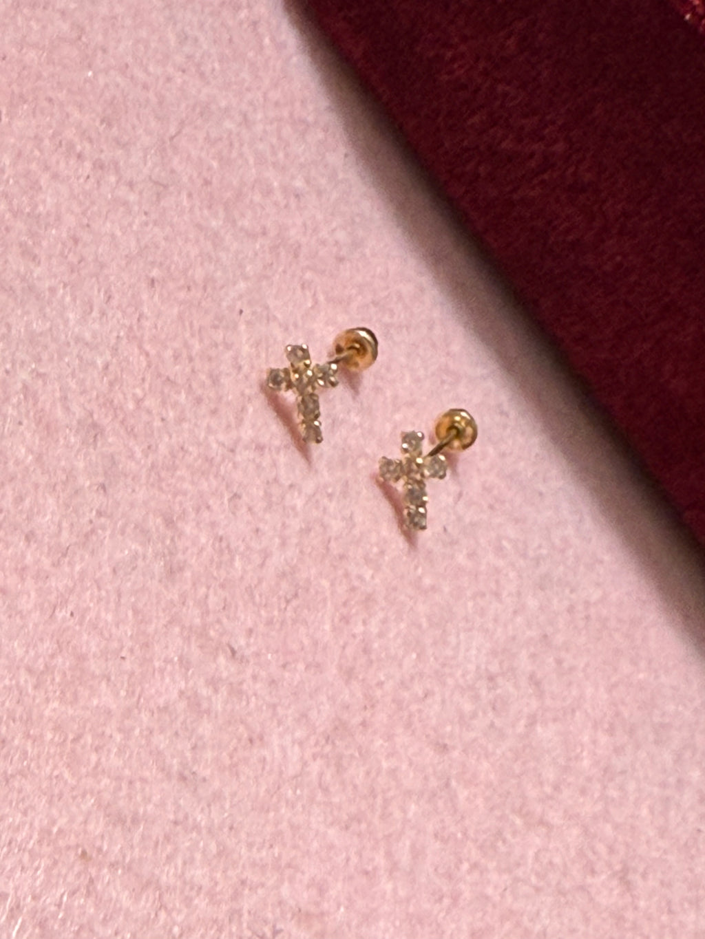 14K Yellow Gold CZ Cross Stud Earrings – Baby & Adult Screw Backs