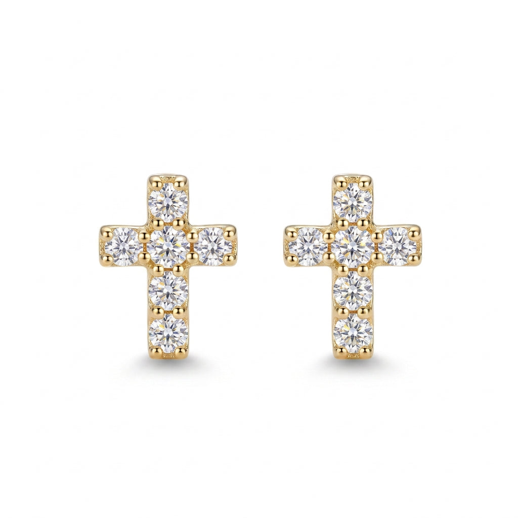 14K Yellow Gold CZ Cross Stud Earrings – Baby & Adult Screw Backs