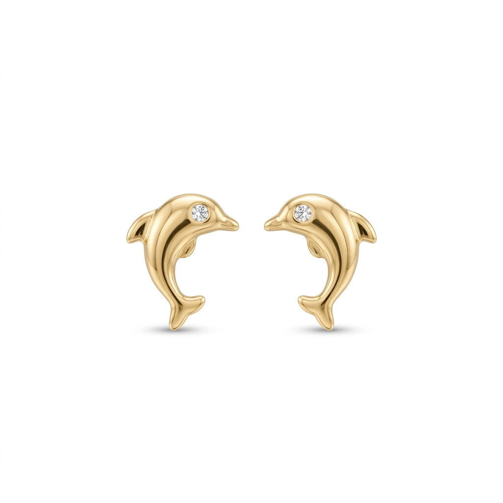 10K Yellow Gold Dolphin CZ Stud Earrings – Baby & Adult Screw Backs