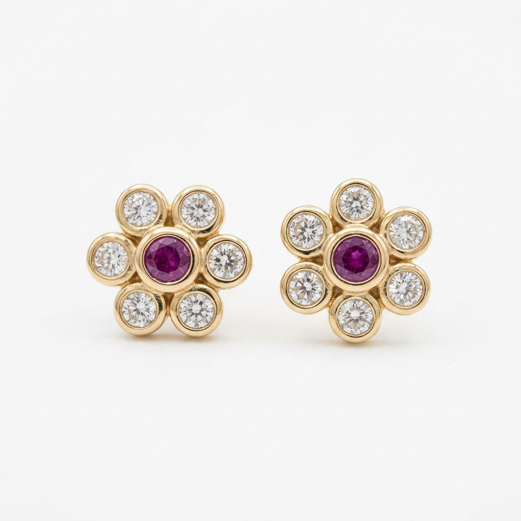 10K Yellow Gold Pink & Clear CZ Flower Stud Earrings – Push Back
