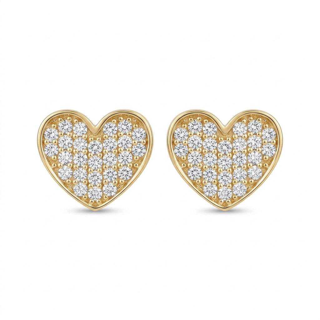 14K Yellow Gold Pave CZ Heart Stud Earrings – Push Back