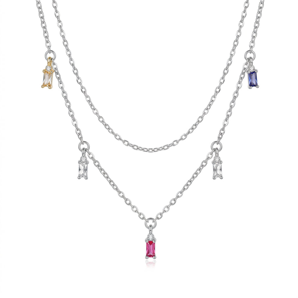 925 Sterling Silver Multicolor Baguette Charm Layered Necklace – 18" | Silver & Gold