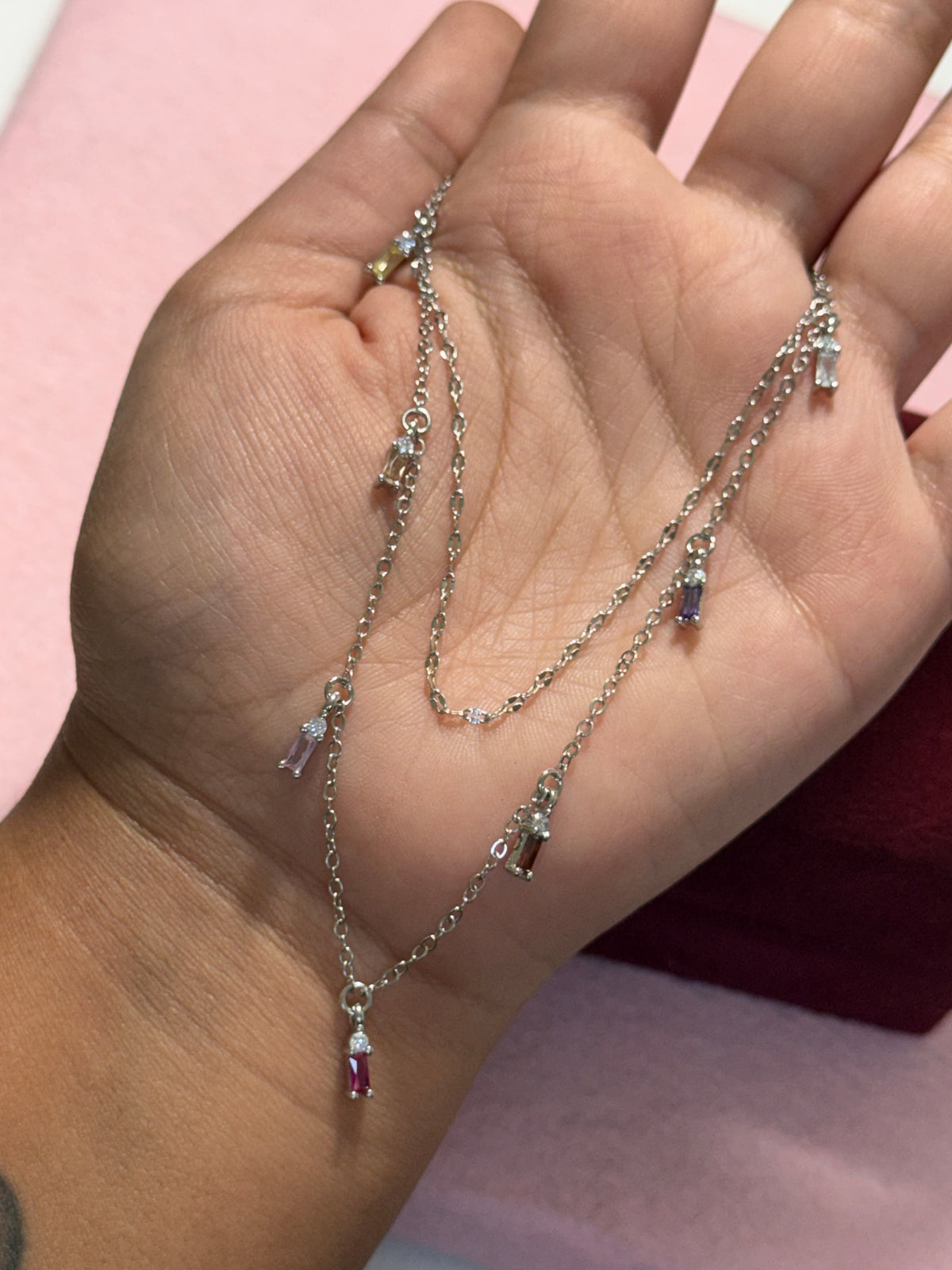 925 Sterling Silver Multicolor Baguette Charm Layered Necklace – 18" | Silver & Gold