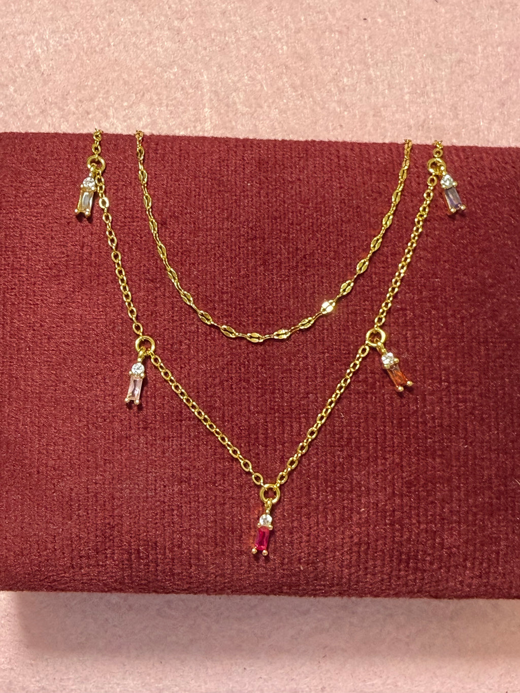 925 Sterling Silver Multicolor Baguette Charm Layered Necklace – 18" | Silver & Gold