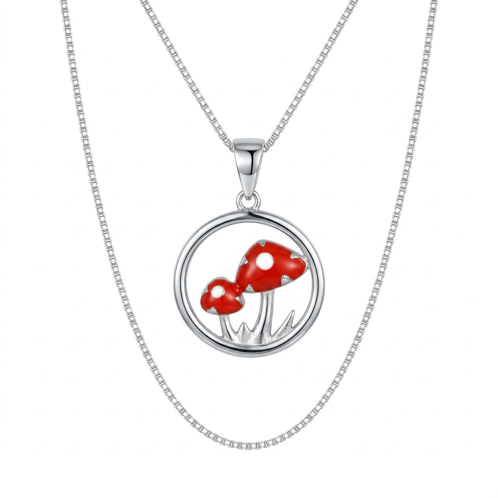 925 Sterling Silver Red Mushroom Pendant Necklace – 18"
