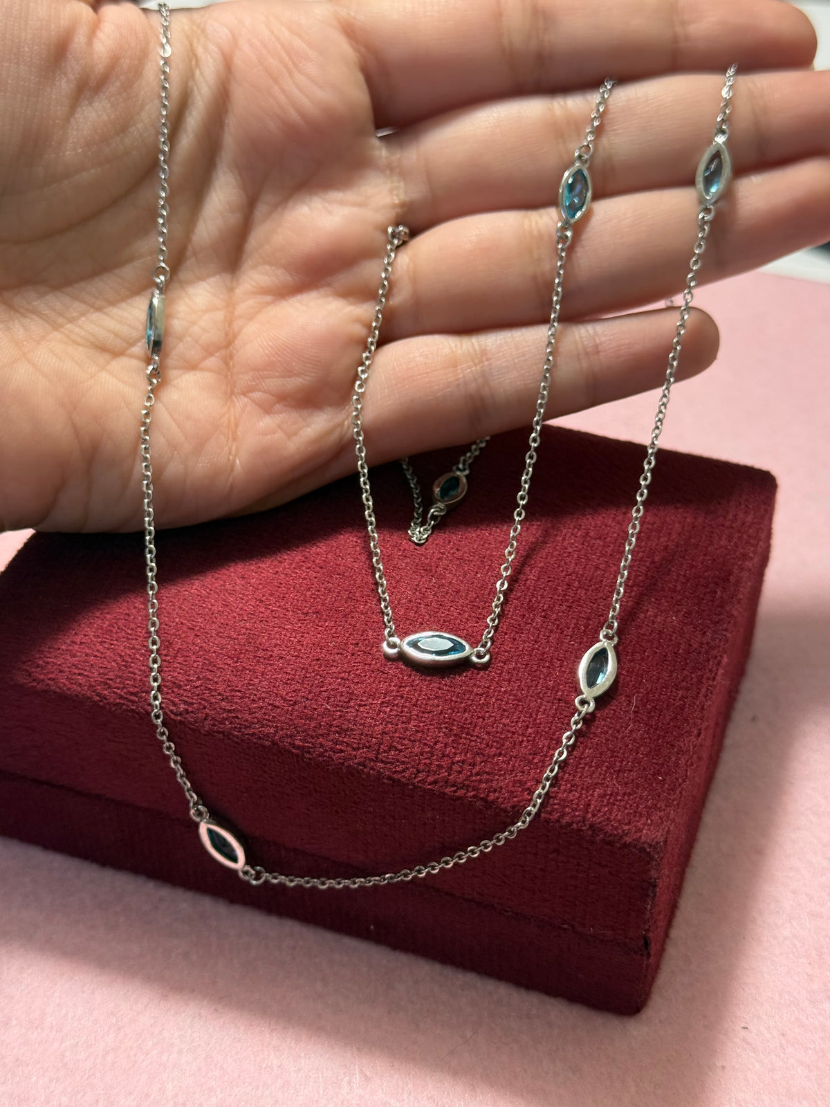 925 Sterling Silver Blue CZ Marquise Station Wrap-Around Necklace – 40"