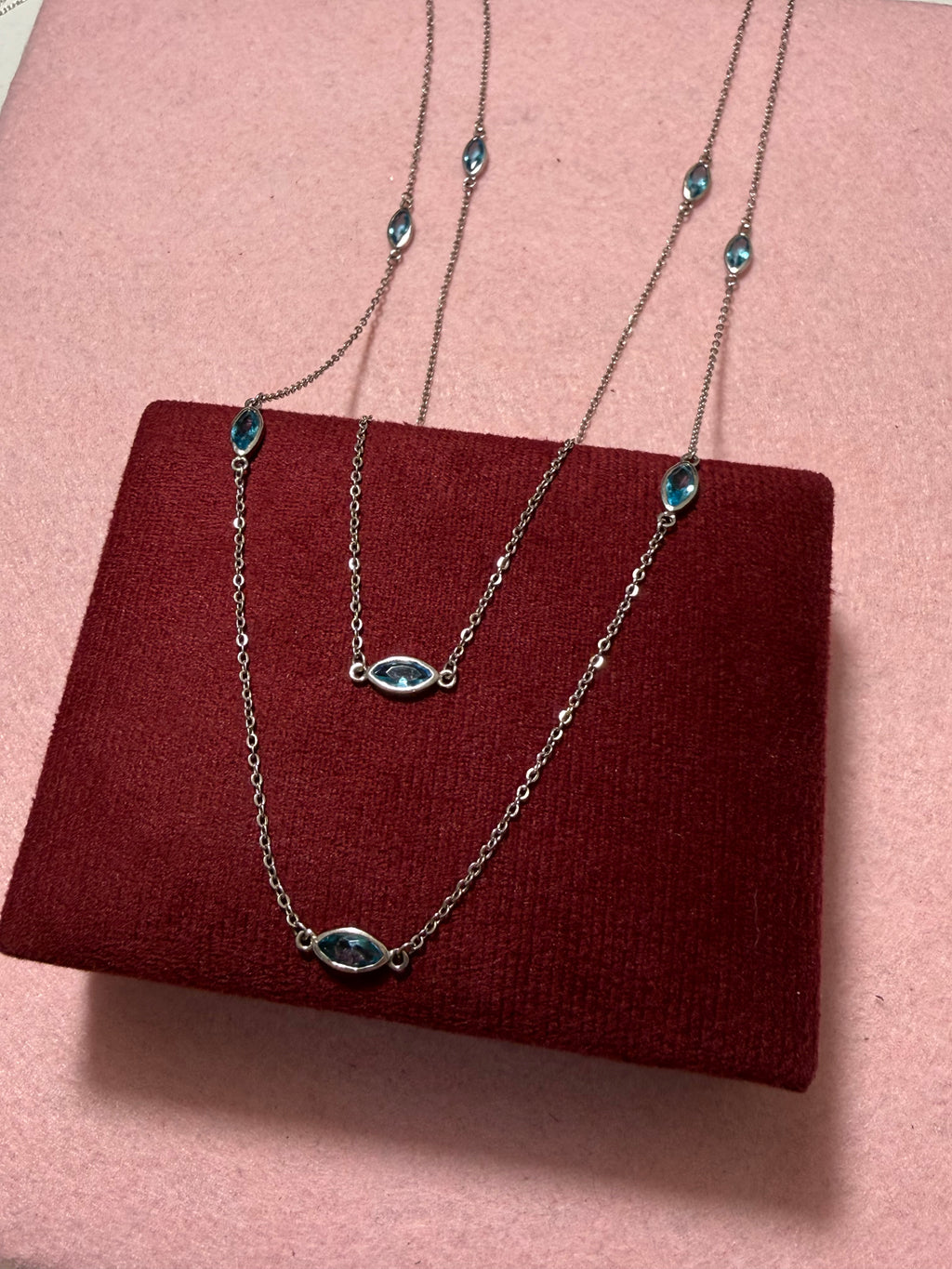 925 Sterling Silver Blue CZ Marquise Station Wrap-Around Necklace – 40"