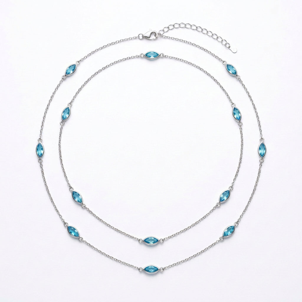 925 Sterling Silver Blue CZ Marquise Station Wrap-Around Necklace – 40"