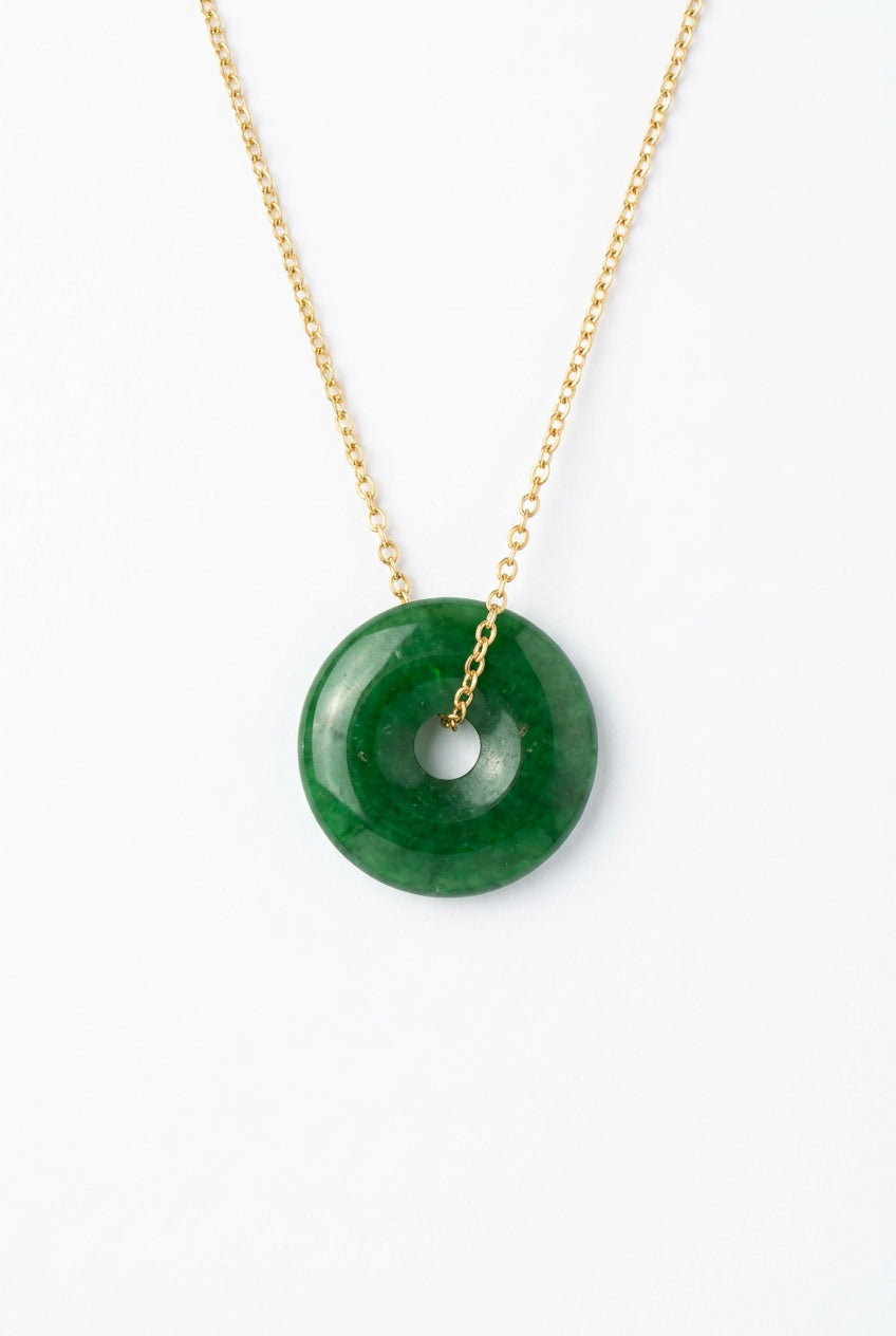 Natural Green Jade Donut Pendant Necklace – 925 Sterling Silver Gold Plated – 16"