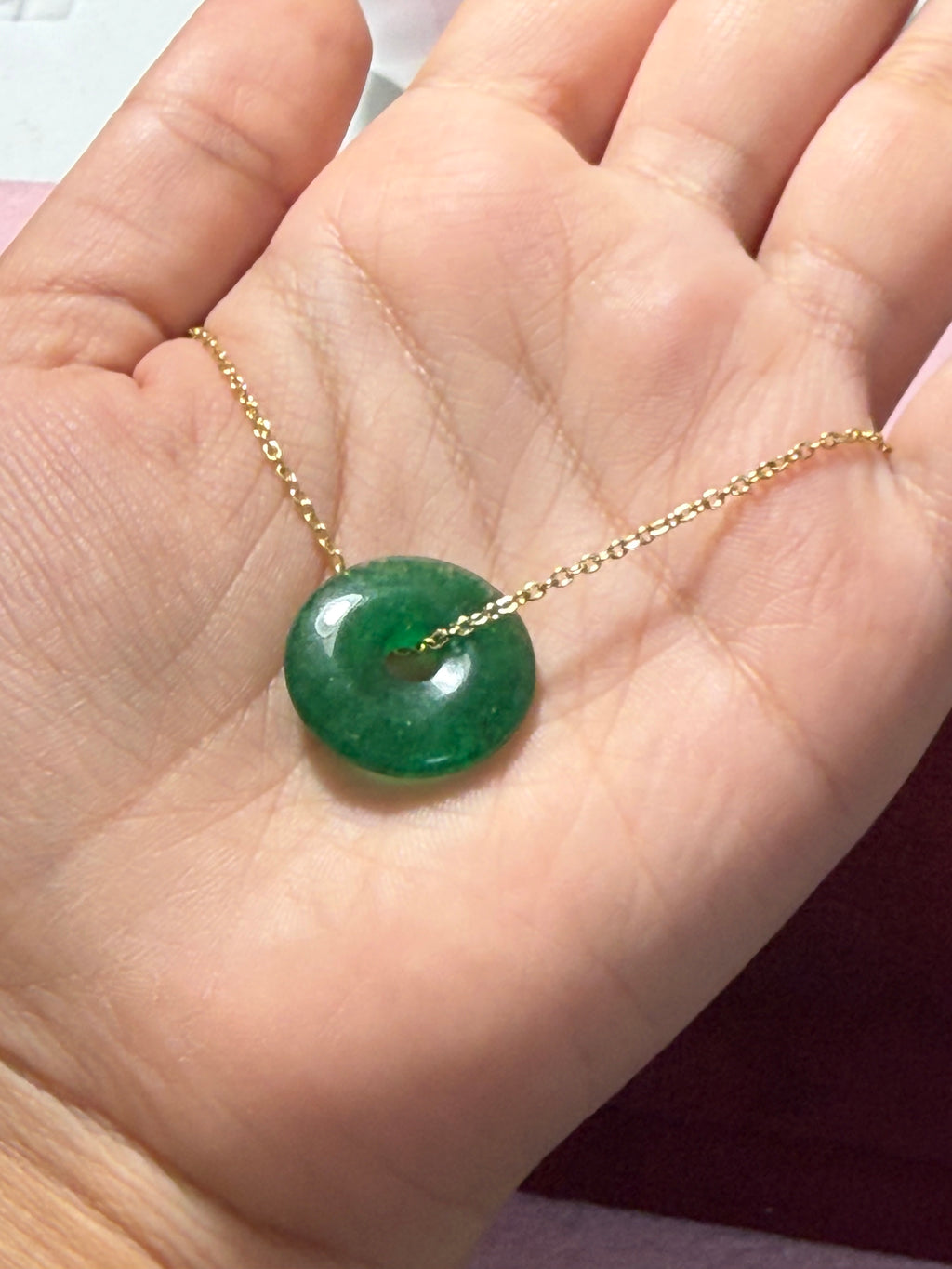 Natural Green Jade Donut Pendant Necklace – 925 Sterling Silver Gold Plated – 16"