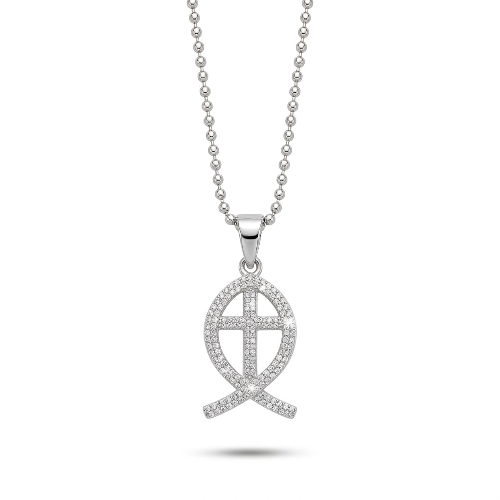 925 Sterling Silver Ichthys Fish & Cross CZ Necklace – 18"
