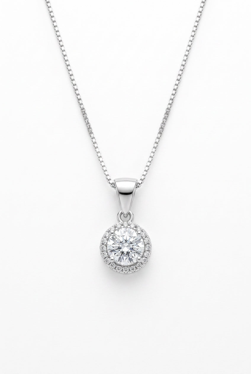 925 Sterling Silver Round Halo CZ Pendant Necklace – 16"
