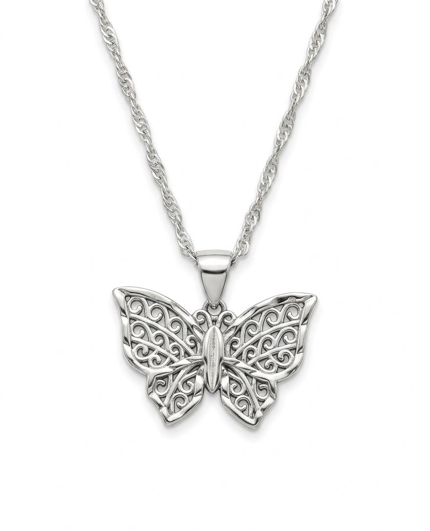 925 Sterling Silver Filigree Butterfly Pendant Necklace – 20"
