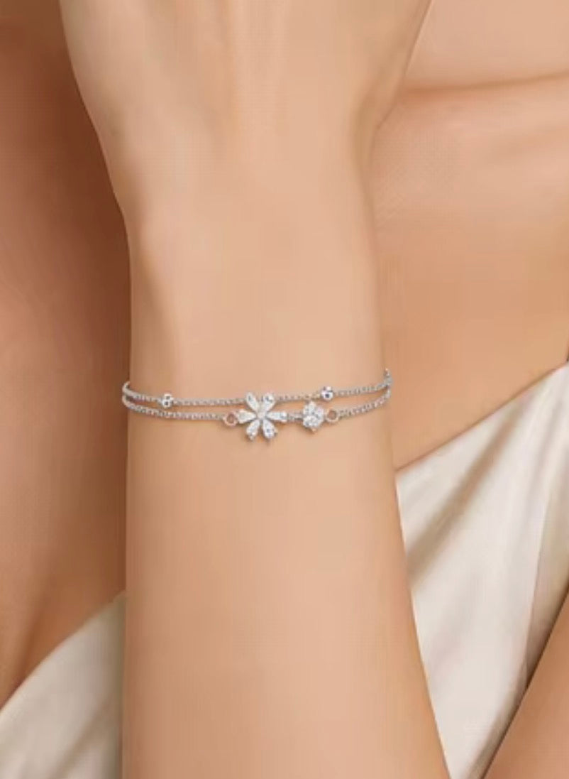 925 Sterling Silver Floral Double-Layer Bracelet – Silver & Rose Gold Plated Options – 7" Adjustable