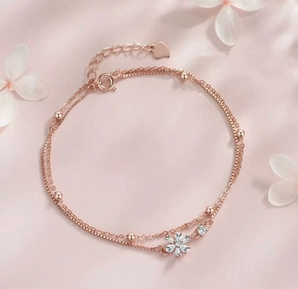 925 Sterling Silver Floral Double-Layer Bracelet – Silver & Rose Gold Plated Options – 7" Adjustable