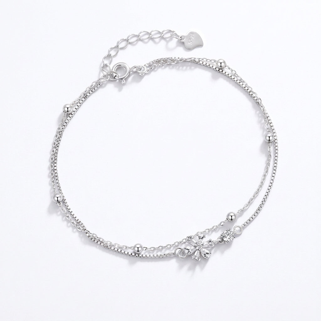 925 Sterling Silver Floral Double-Layer Bracelet – Silver & Rose Gold Plated Options – 7" Adjustable