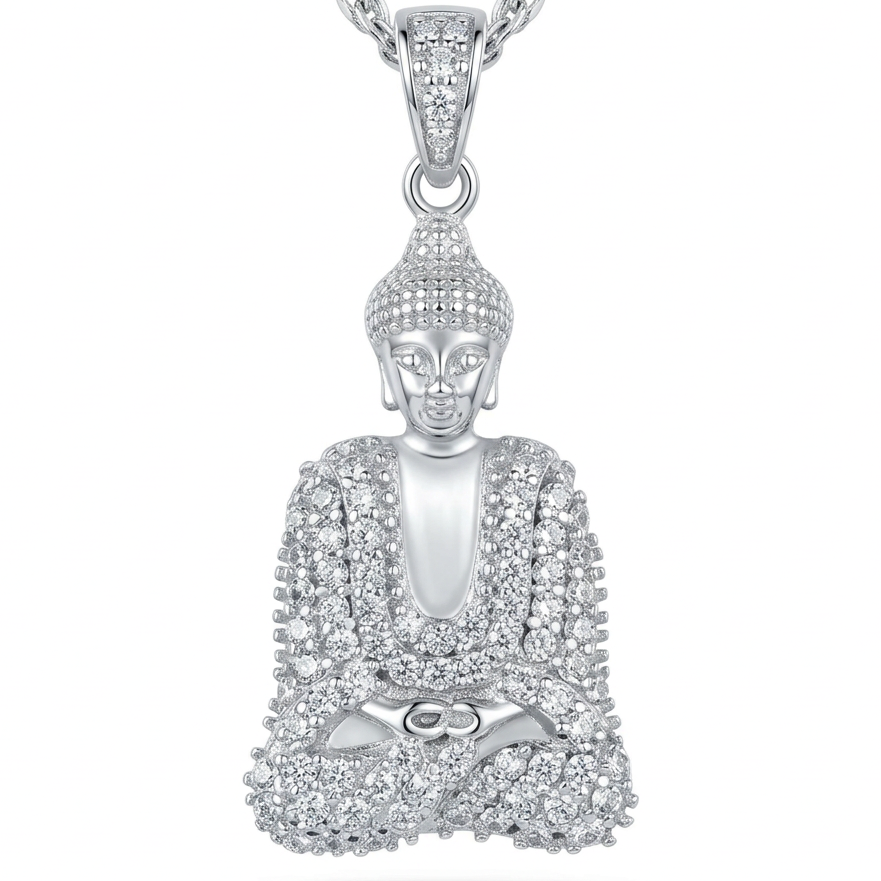925 Sterling Silver CZ Buddha Pendant 1.3"