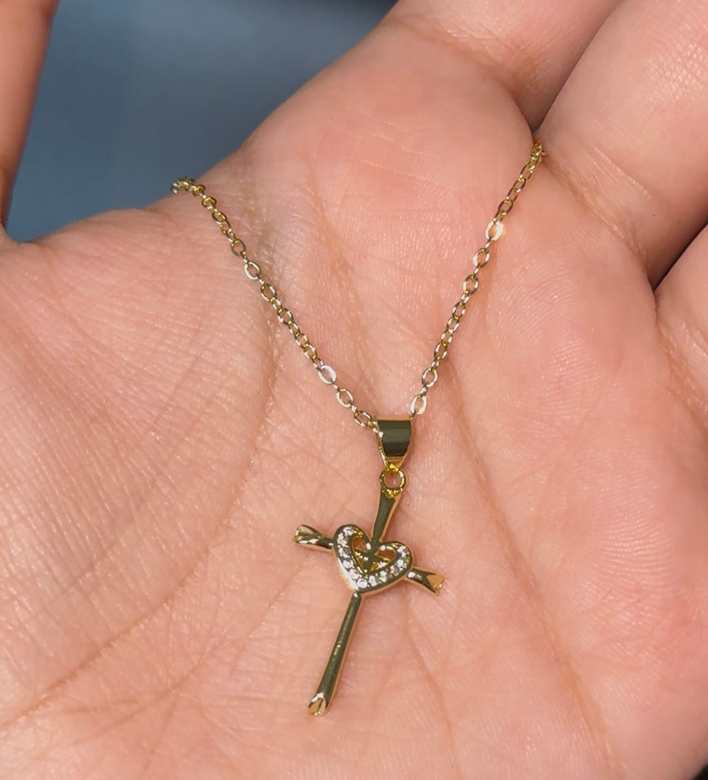 925 Sterling Silver Gold-Plated Heart Cross Necklace - 18"