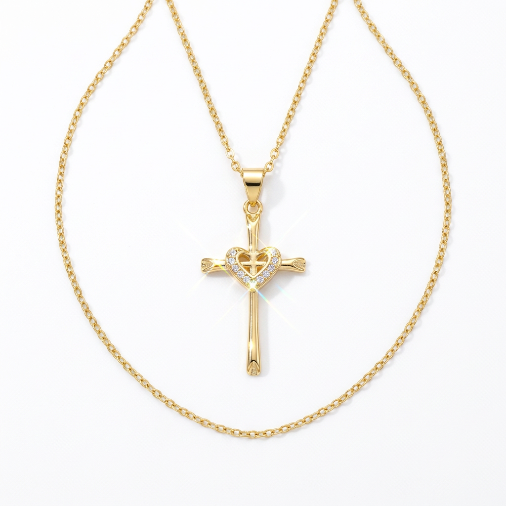 925 Sterling Silver Gold-Plated Heart Cross Necklace - 18"