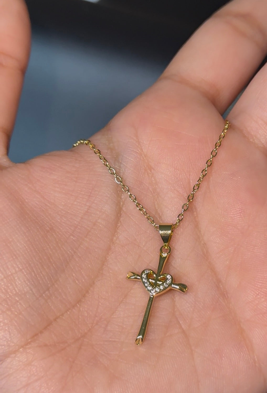 925 Sterling Silver Gold-Plated Heart Cross Necklace - 18"