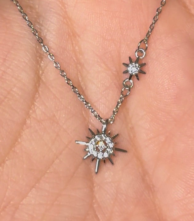 925 Sterling Silver Double Sunburst CZ Necklace - 18"