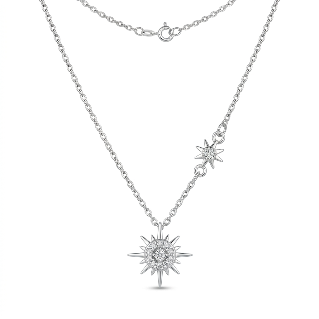 925 Sterling Silver Double Sunburst CZ Necklace - 18"