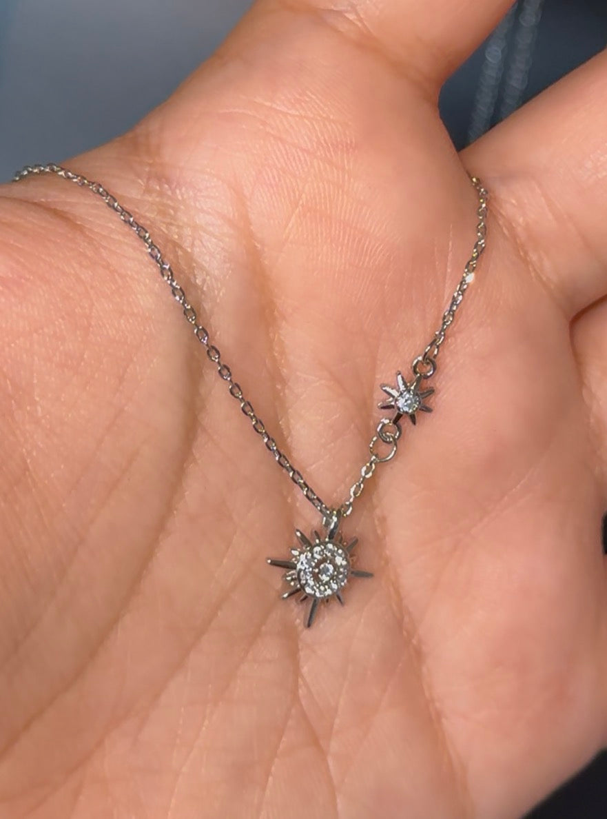 925 Sterling Silver Double Sunburst CZ Necklace - 18"