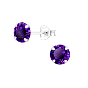 6mm Round Cubic Zirconia Silver Stud Earrings - Amethyst
