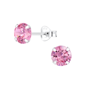 6mm Round Cubic Zirconia Silver Stud Earrings - Pink
