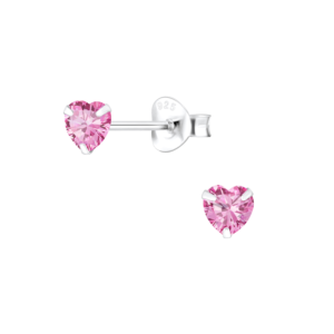 4mm Heart Cubic Zirconia Silver Stud Earrings - Pink