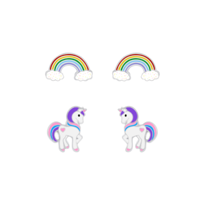Silver Rainbow and Unicorn Stud Earrings Set
