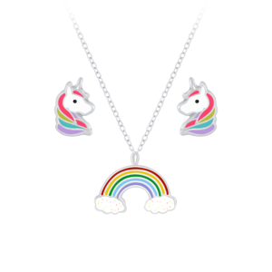 Silver Rainbow Necklace and Unicorn Stud Earrings Set