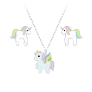 Silver Unicorn Necklace and Stud Earrings Set